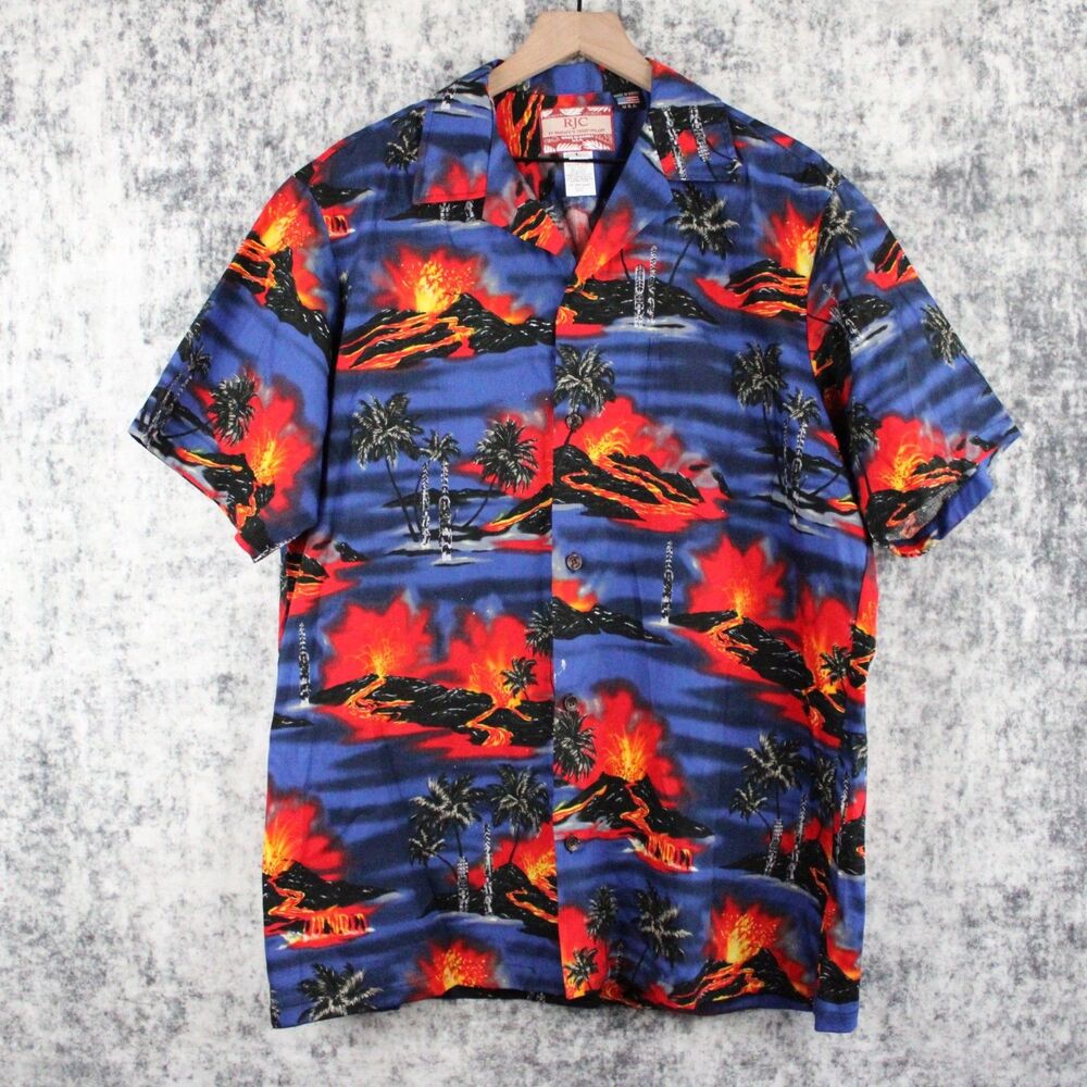 RJC Men's Large Hawaiian Shirt Volcano Lava Print Made In Hawaii USA Aloha VTG